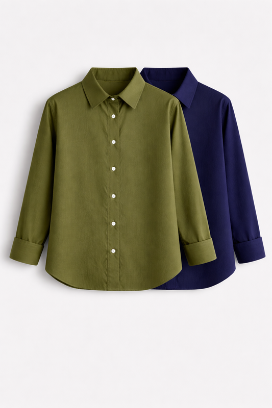 Pack of 2 | Cotton Linen Shirts | Olive Green and Navy Blue