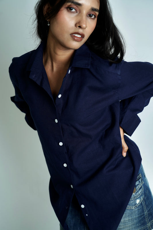 Mulberry Crush | Cotton Linen Shirt | Dark Blue Color