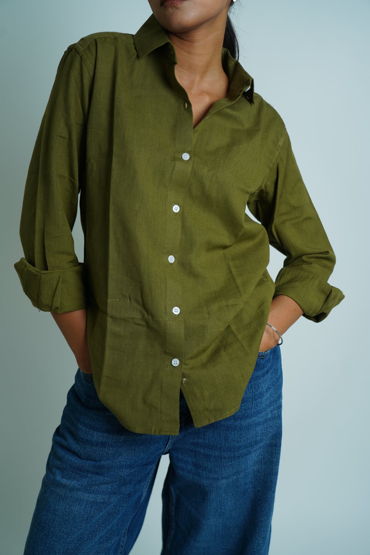 Matcha Mousse | Cotton Linen Shirt | Olive Green Color