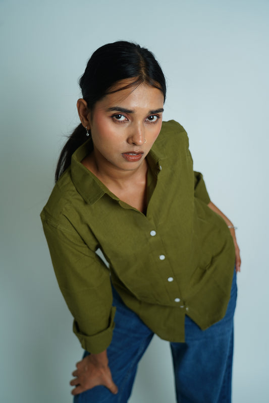 Matcha Mousse | Cotton Linen Shirt | Olive Green Color